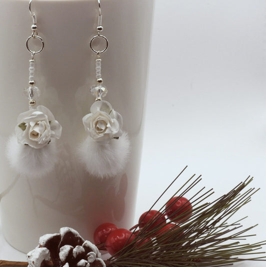 Elegant White Faux Fur Pom Pom and White Paper Rose Earrings
