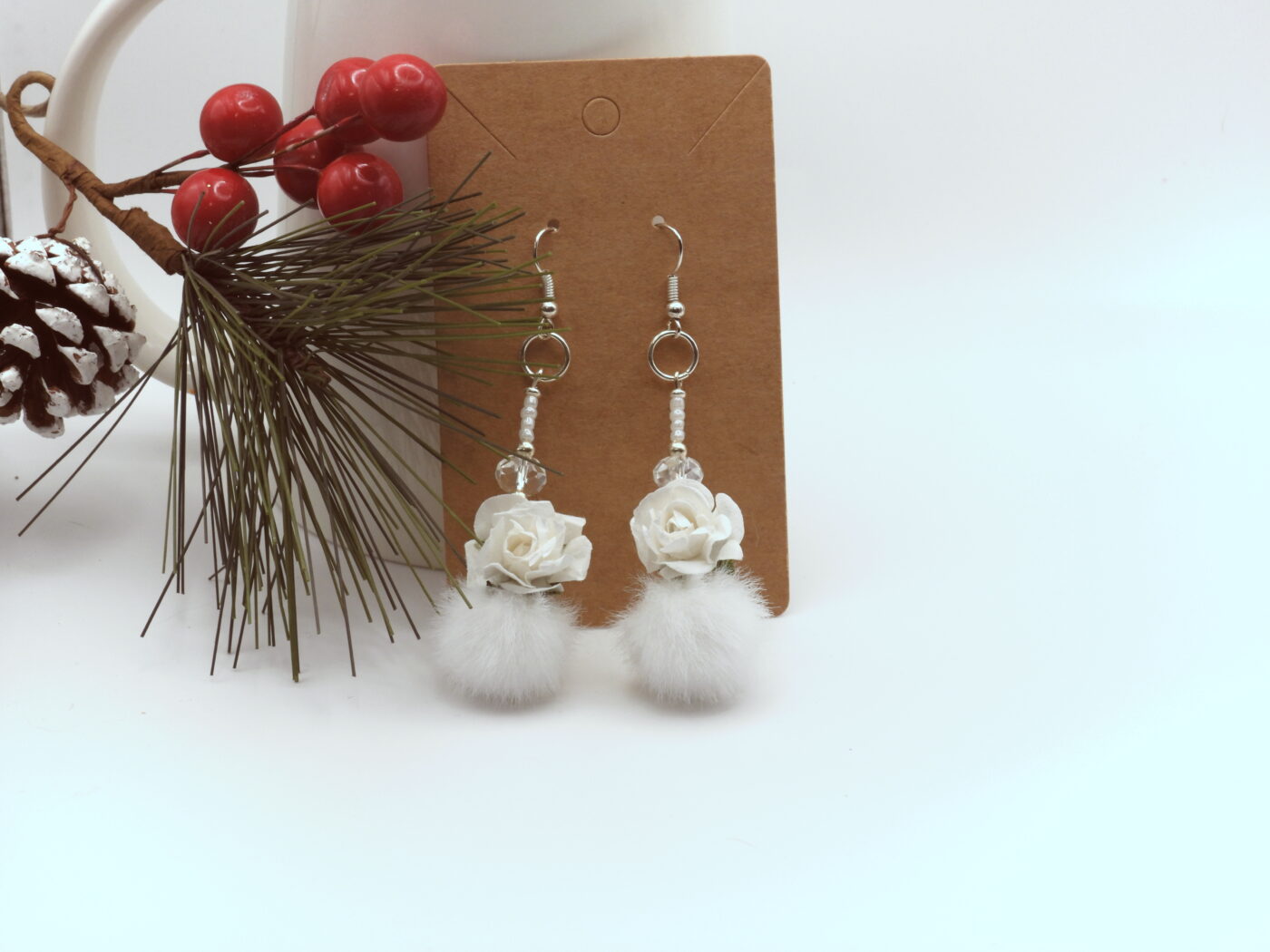 Elegant White Faux Fur Pom Pom and White Paper Rose Earrings