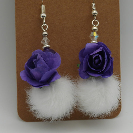 Elegant White Faux Fur Pom Pom Earrings with Deep Purple Paper Roses