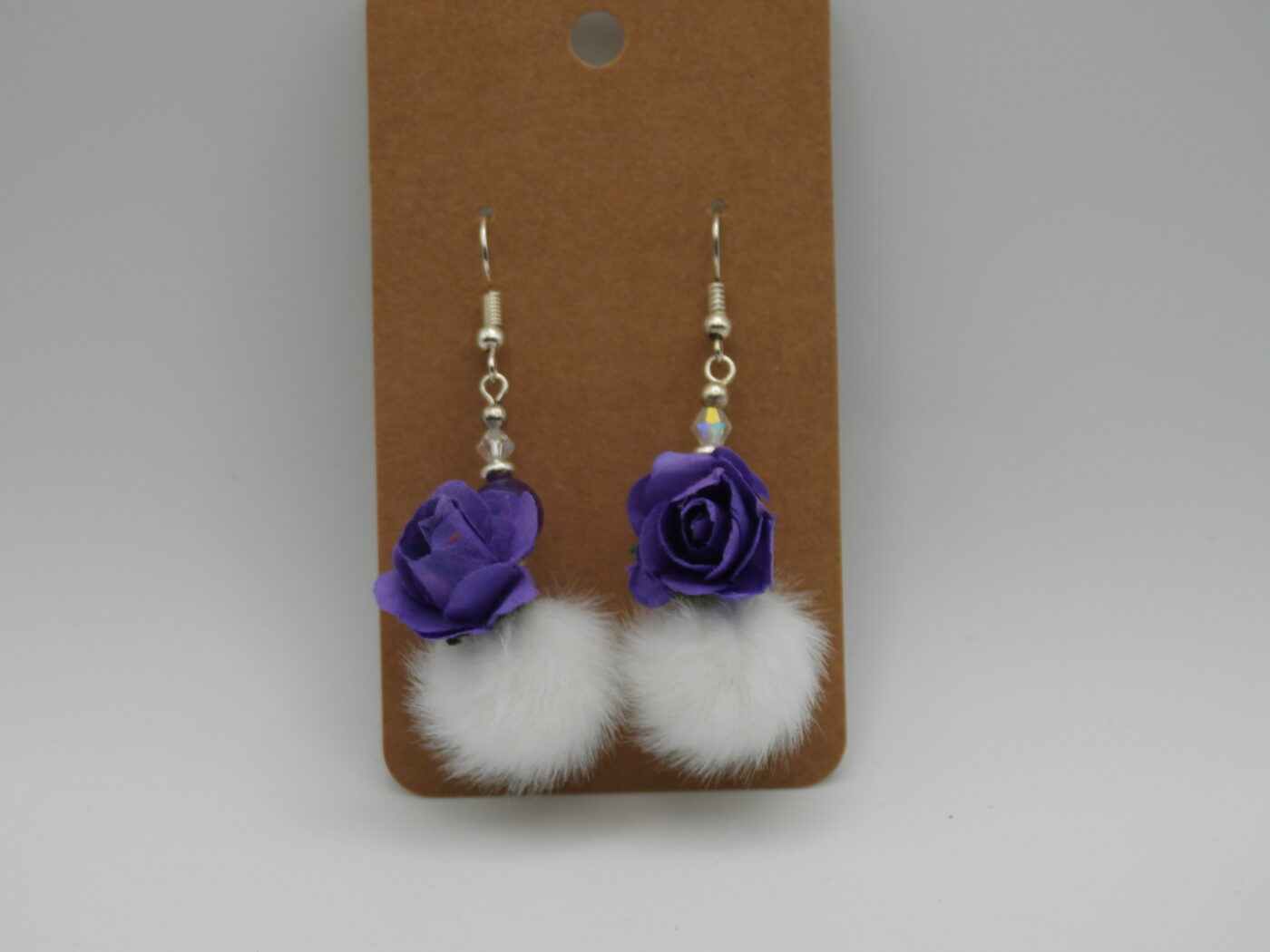 Elegant White Faux Fur Pom Pom Earrings with Deep Purple Paper Roses