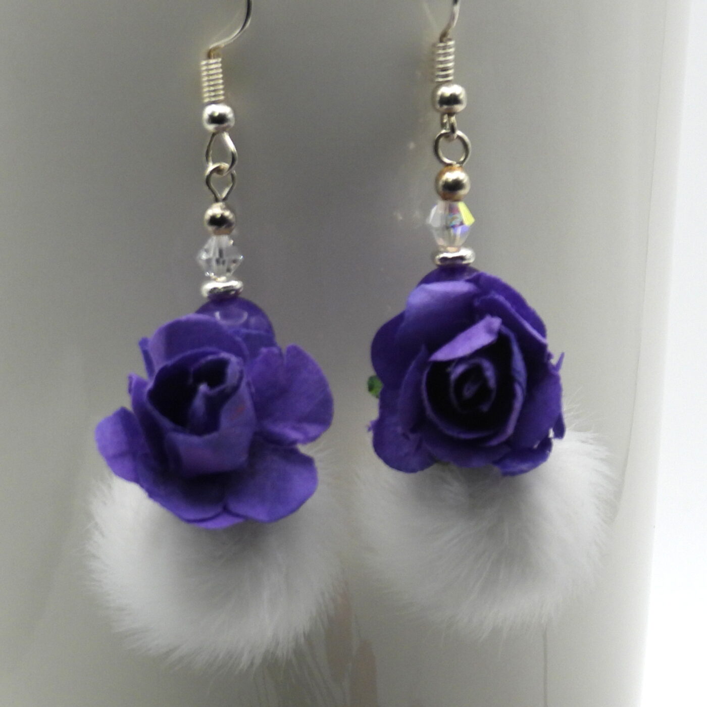 Elegant White Faux Fur Pom Pom Earrings with Deep Purple Paper Roses