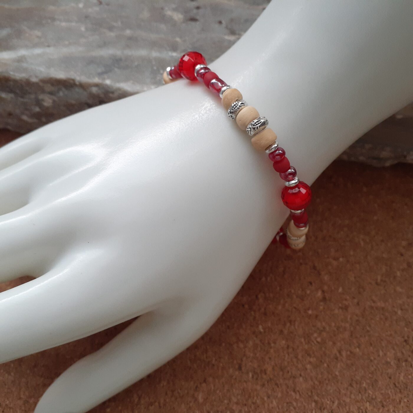 Elemental Red Stretch Bracelet with Red Glass and Acrylic Beads and Tiny Silver and Wood Beads