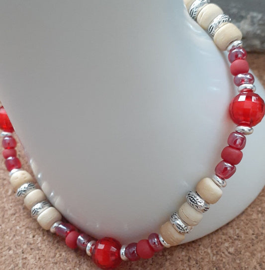Elemental Red Stretch Bracelet with Red Glass and Acrylic Beads and Tiny Silver and Wood Beads