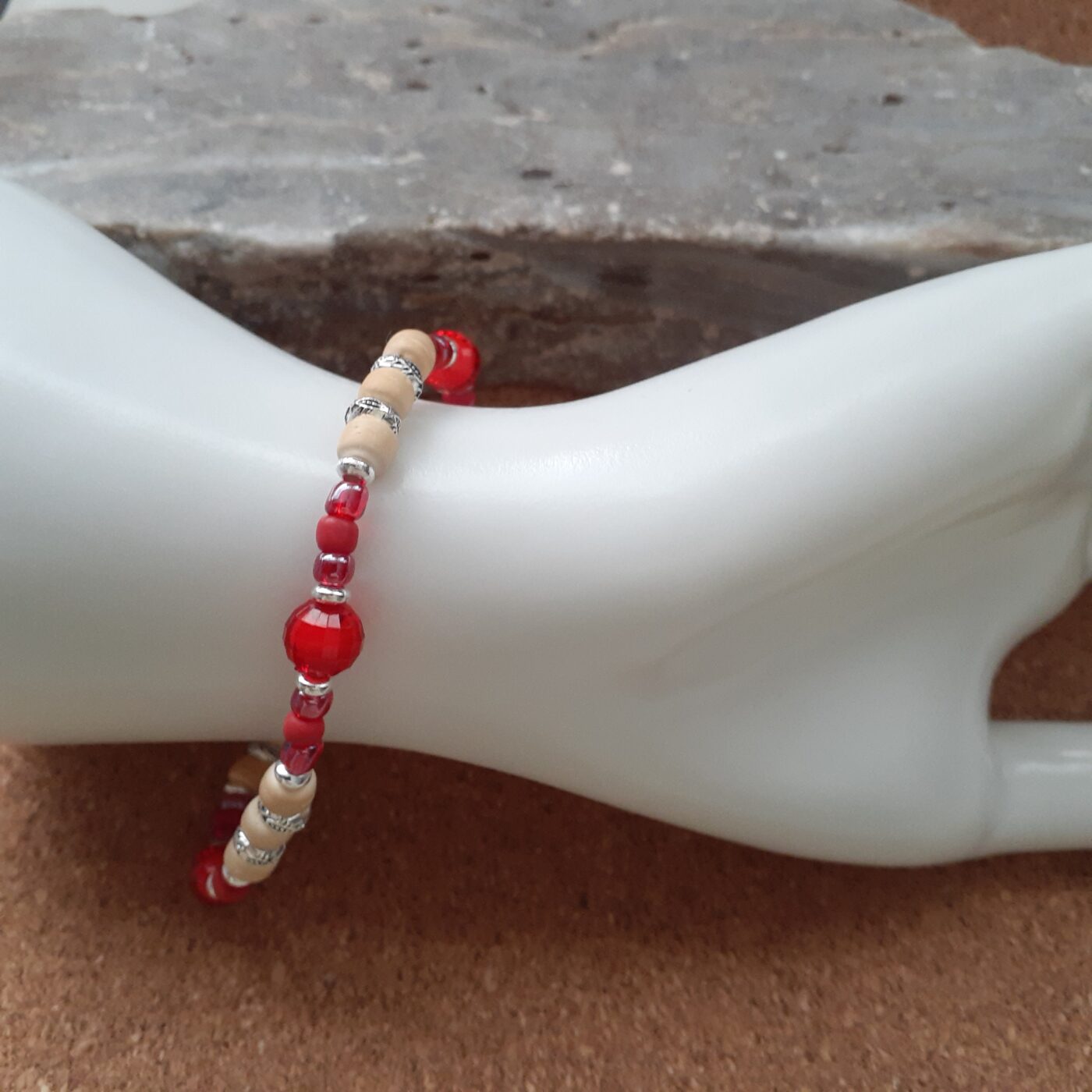 Elemental Red Stretch Bracelet with Red Glass and Acrylic Beads and Tiny Silver and Wood Beads