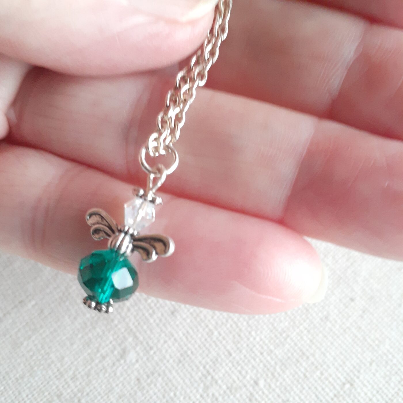 Emerald Green Faceted Czech Crystal Guardian Angel Charm on a Sterling Silver Chain