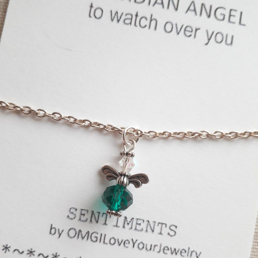Emerald Green Faceted Czech Crystal Guardian Angel Charm on a Sterling Silver Chain