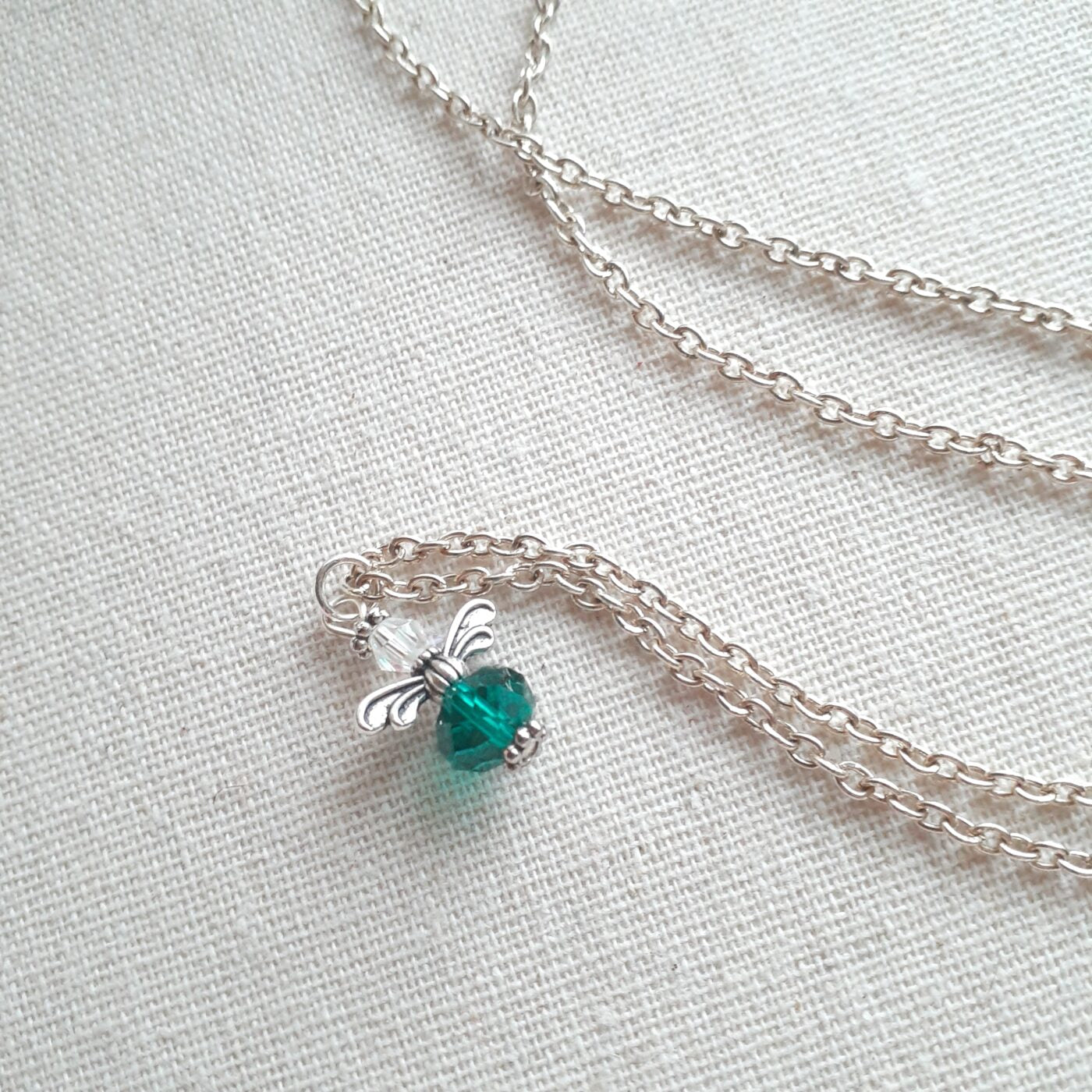Emerald Green Faceted Czech Crystal Guardian Angel Charm on a Sterling Silver Chain