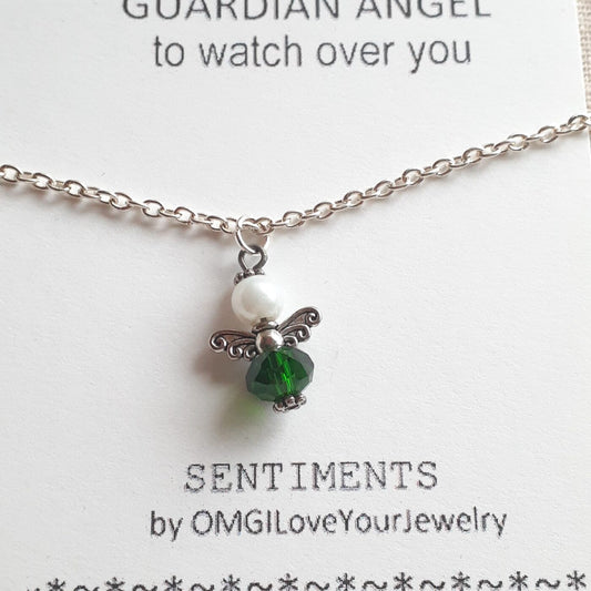 Faceted Emerald Czech Crystal and Pearl Tiny Guardian Angel Charm on a Sterling Silver Thin Chain Necklace