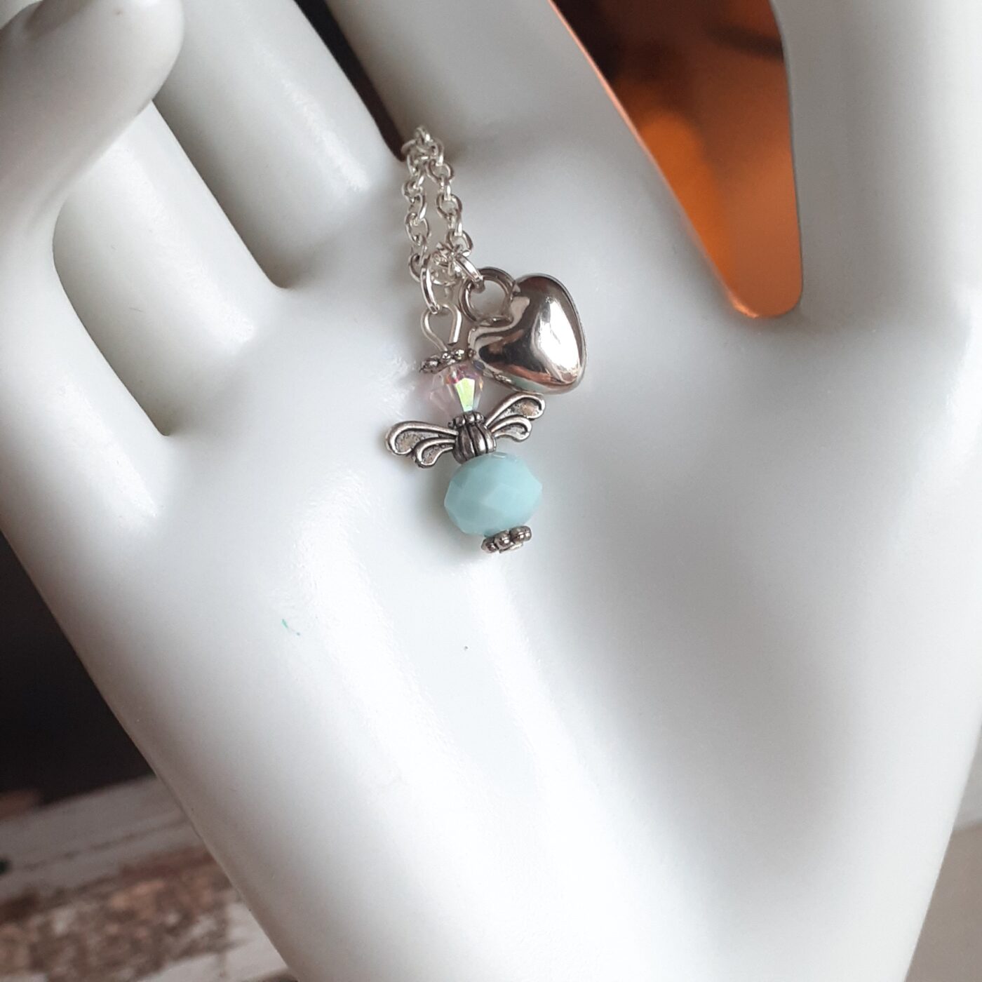 Faceted Opaque Powder Blue Czech Crystal and Swarovski Crystal Guardian Angel Charm with a 3D Puffy Silver Heart Charm on a Sterling Silver Thin Chain Necklace