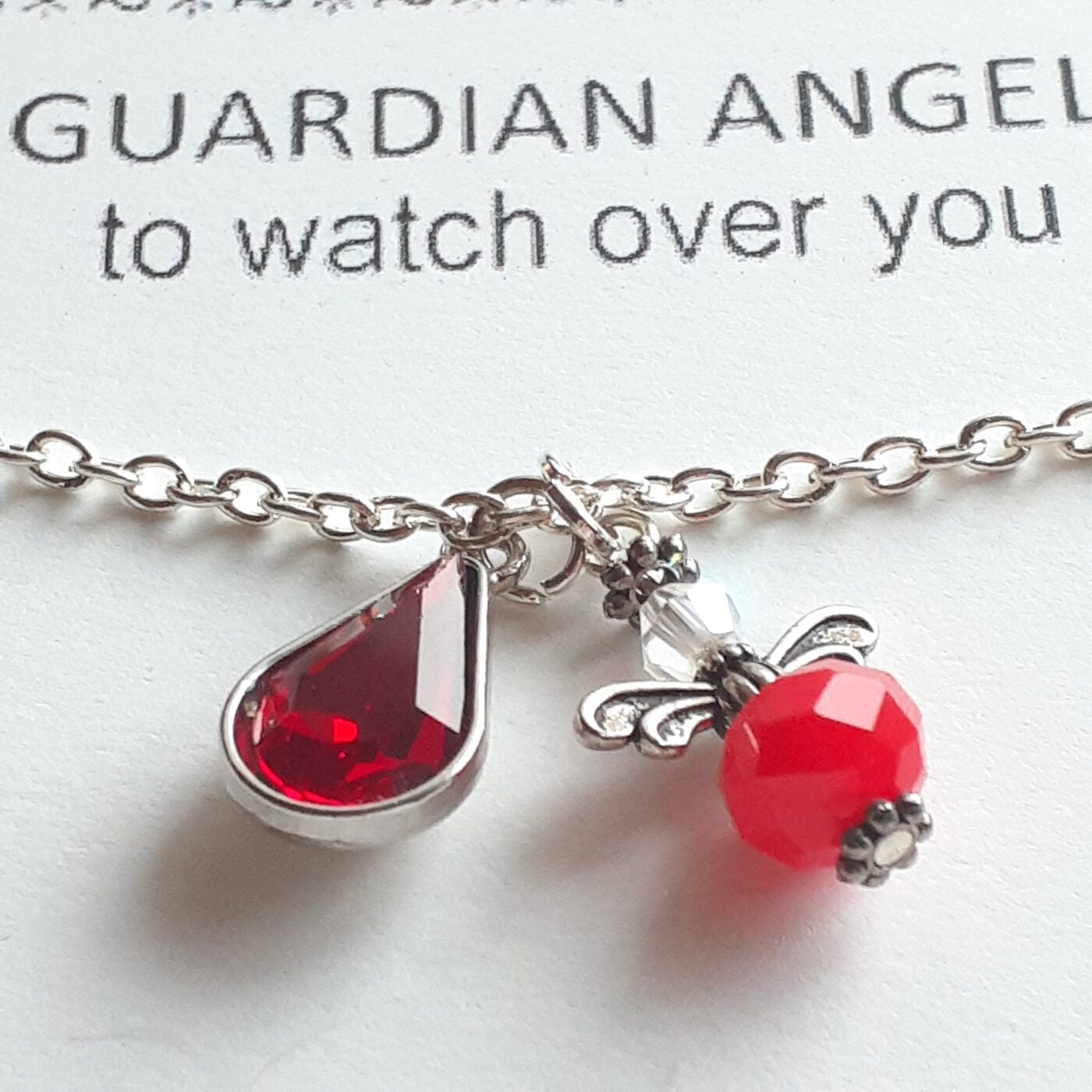 Faceted Opaque Red Czech Crystal and Swarovski Crystal Tiny Guardian Angel Charm with a Red Crystal Teardrop Charm on a Sterling Silver Thin Chain Necklace