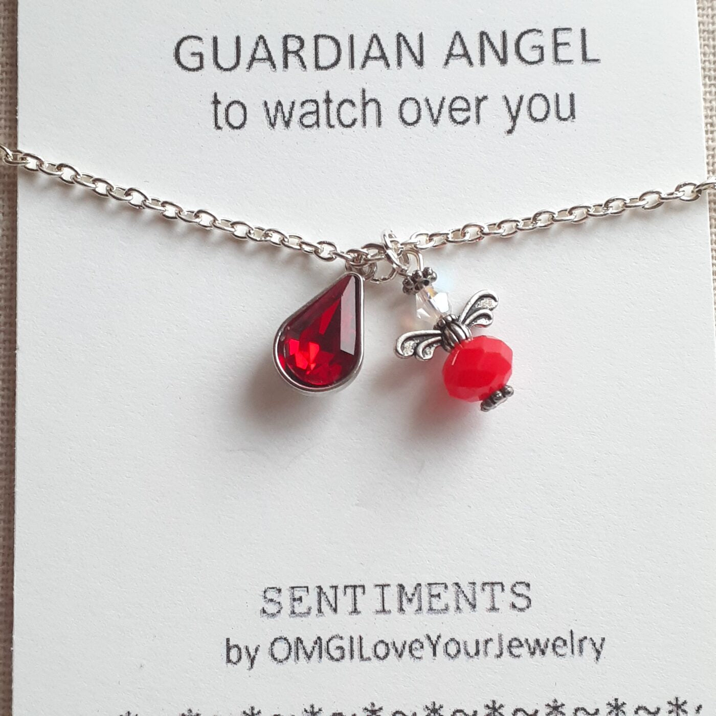 Faceted Opaque Red Czech Crystal and Swarovski Crystal Tiny Guardian Angel Charm with a Red Crystal Teardrop Charm on a Sterling Silver Thin Chain Necklace