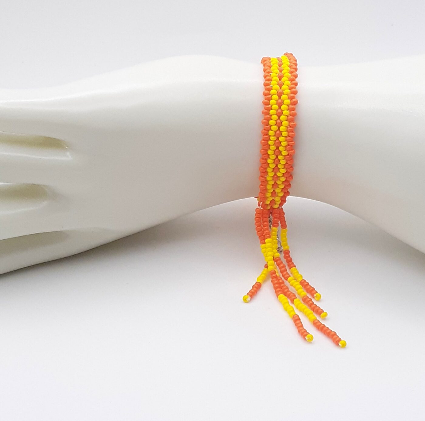 Fiery Orange and Sunny Yellow Handwoven Fringe Beaded Bracelet