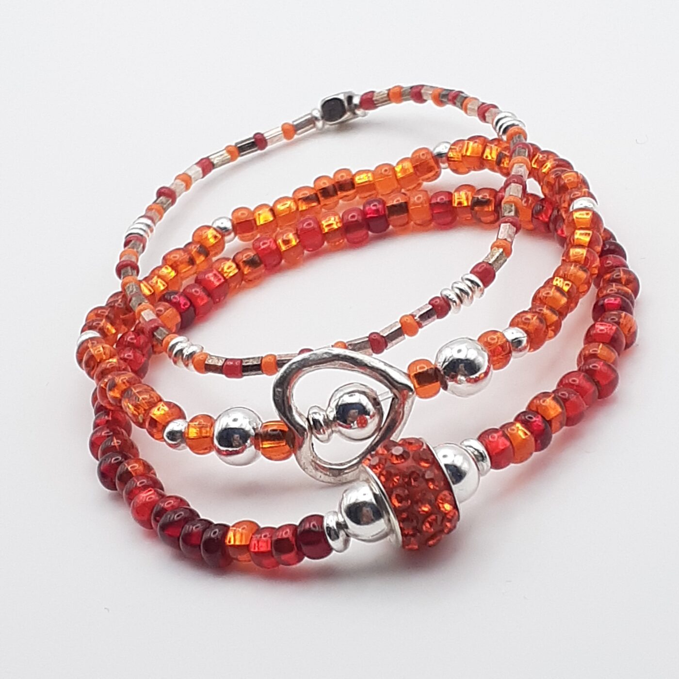 Firey Red Orange Seed Bead and Silver Heart Stretch-Style Stacked Braceet Set of 3