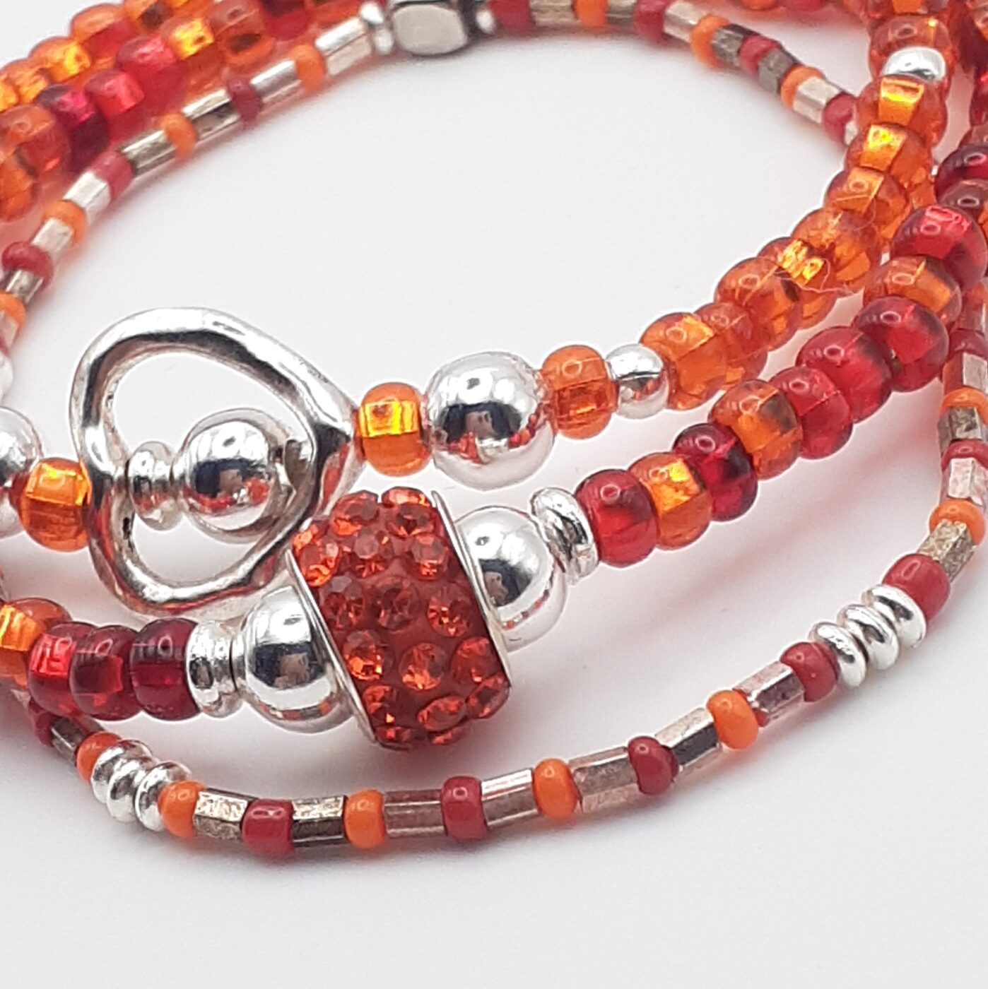 Firey Red Orange Seed Bead and Silver Heart Stretch-Style Stacked Braceet Set of 3