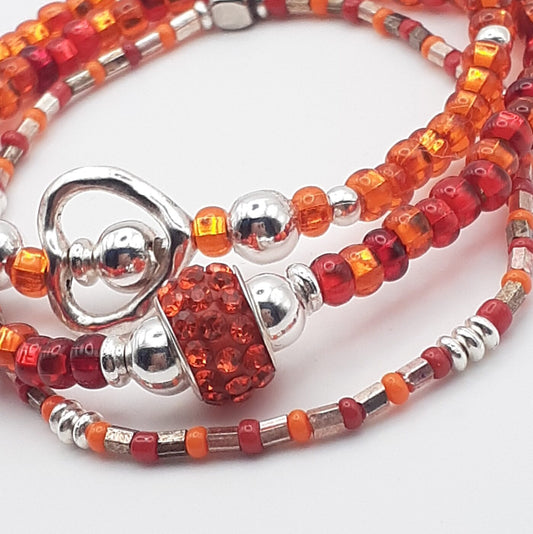 Firey Red Orange Seed Bead and Silver Heart Stretch-Style Stacked Braceet Set of 3