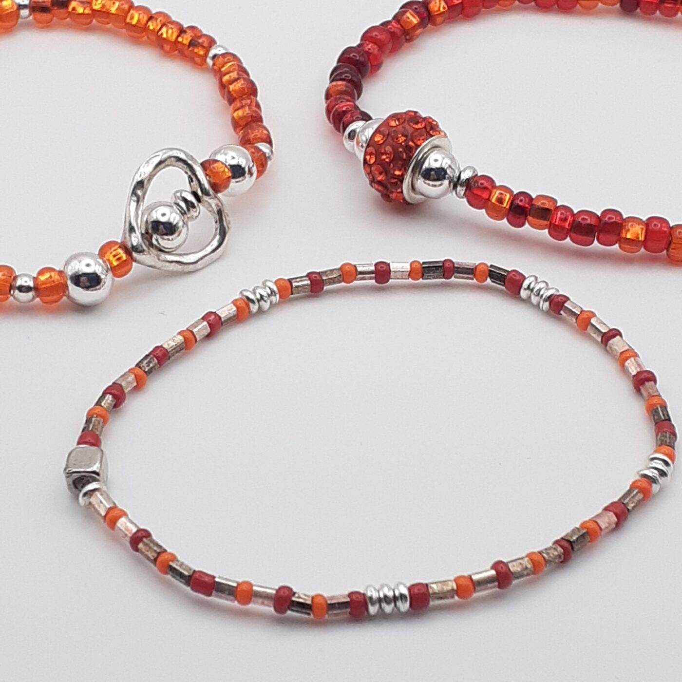 Firey Red Orange Seed Bead and Silver Heart Stretch-Style Stacked Braceet Set of 3