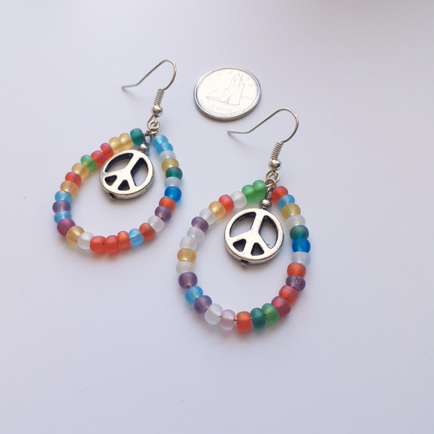 Frosted Rainbow Seed Bead Hoop Earrings with Silver Peace Sign Charms