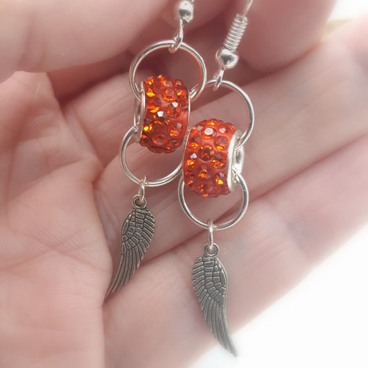 Fun Fiery Orange Red Crystal Rhinestone Encrusted Bead Earrings