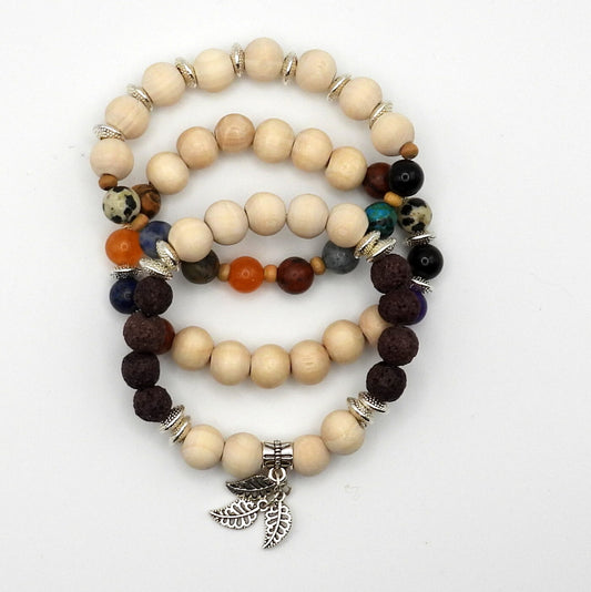 Gemstones and Raw Wood Beaded Naturalised 3 Piece Stretch Bracelet Set