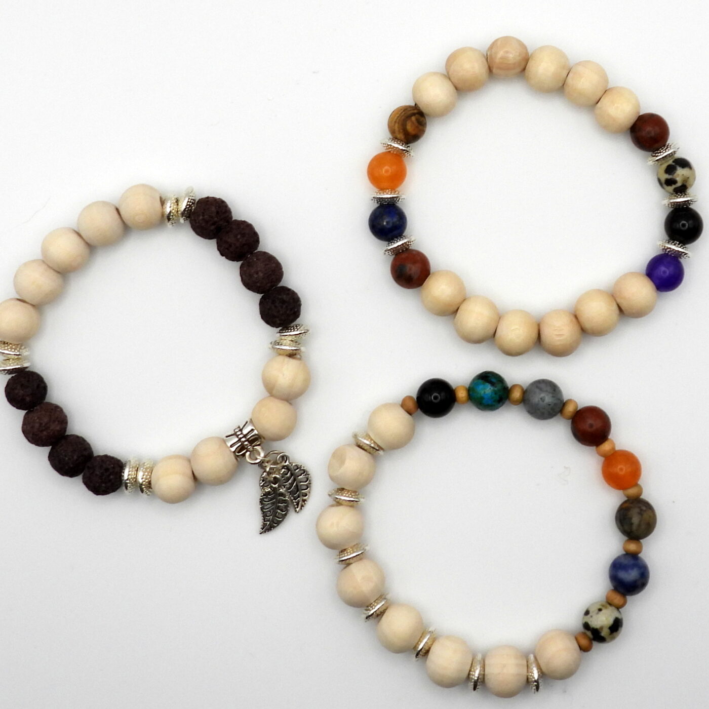 Gemstones and Raw Wood Beaded Naturalised 3 Piece Stretch Bracelet Set