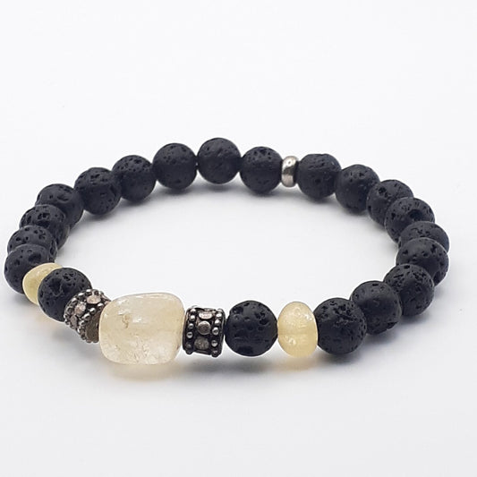 Genuine Citrine Nugget Gemstone and Black Lava Stone Stretch Bracelet