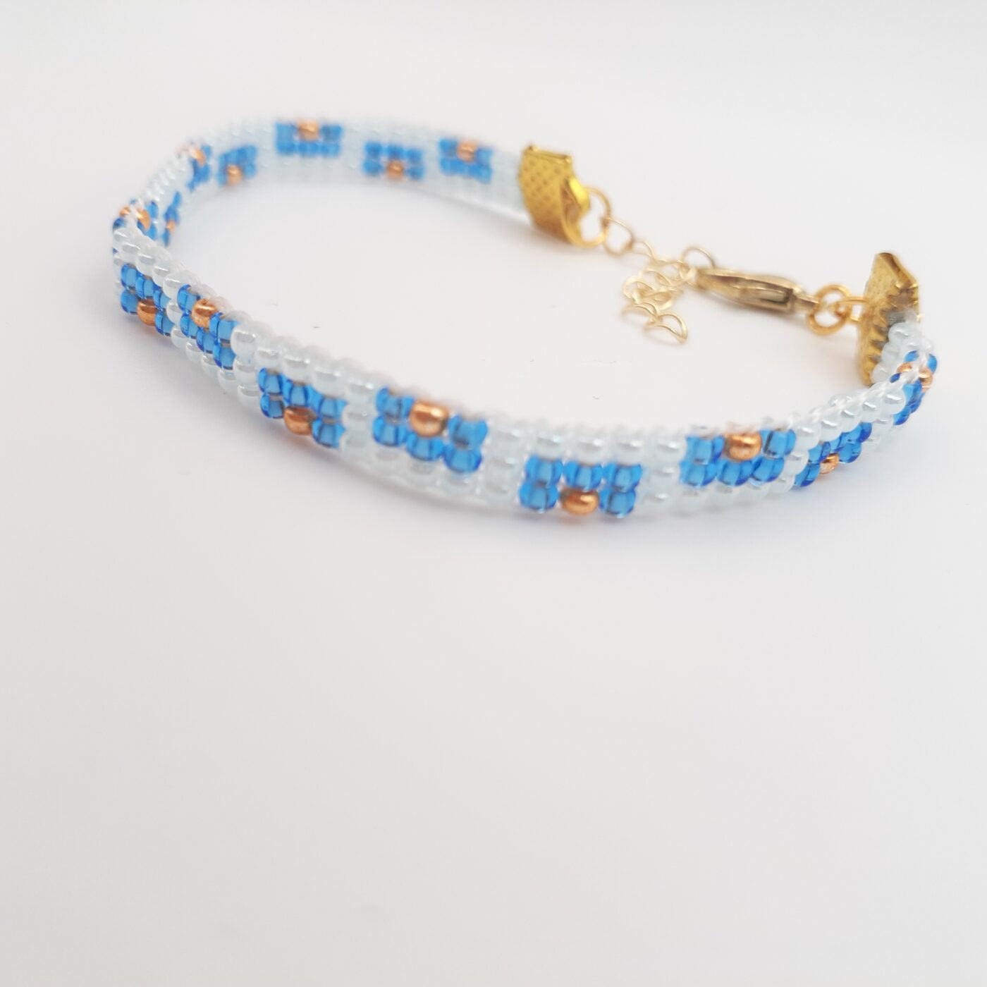 Geometric Blues and Gold Miyuki Glass Seed Bead Loom Beaded Thin Bracelet