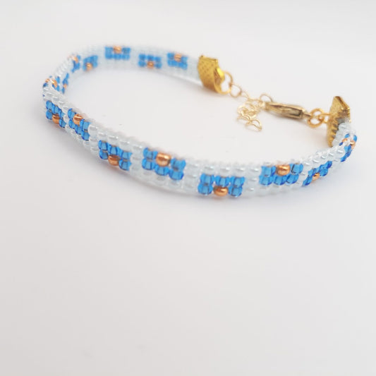 Geometric Blues and Gold Miyuki Glass Seed Bead Loom Beaded Thin Bracelet