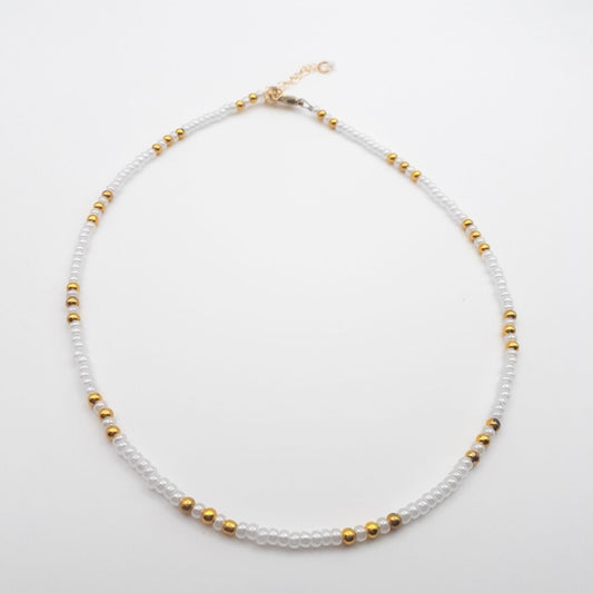 Gold and White Seed Bead Short Sporty Necklace