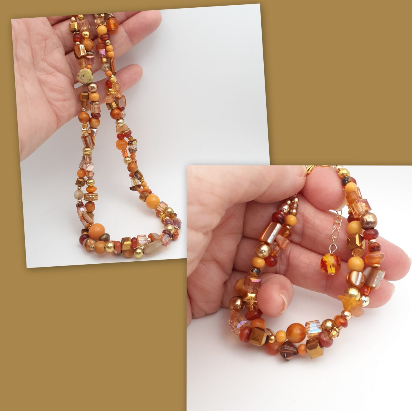 Gold tones twisted 2 stands bead soup necklace and bracelet jewellery set