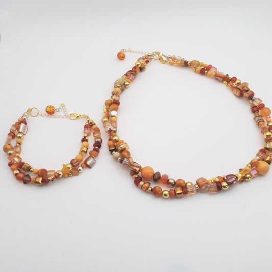 Gold tones twisted 2 stands bead soup necklace and bracelet jewellery set