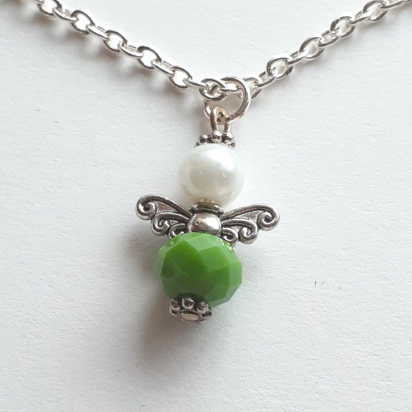 Green Opaque Czech Crystal and Pearl Tiny Guardian Angel Charm on a Sterling Silver Necklace Chain