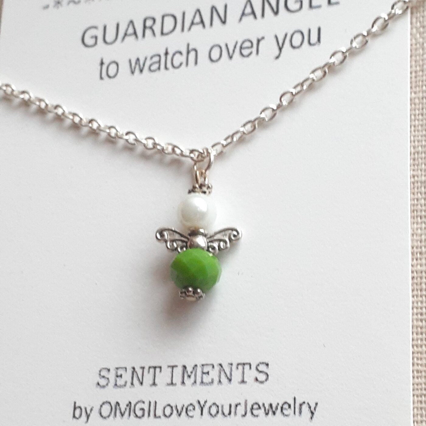 Green Opaque Czech Crystal and Pearl Tiny Guardian Angel Charm on a Sterling Silver Necklace Chain