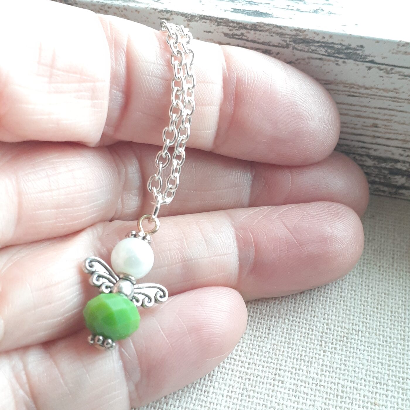 Green Opaque Czech Crystal and Pearl Tiny Guardian Angel Charm on a Sterling Silver Necklace Chain