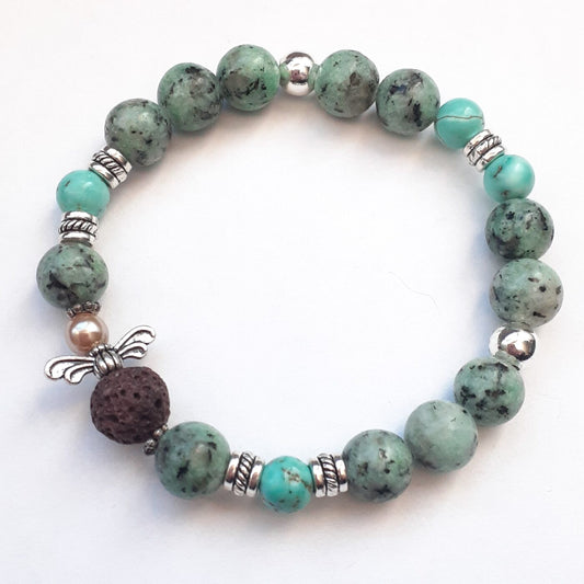 Green spot jasper gemstone beaded Little Lava Angel Stretch Bracelet