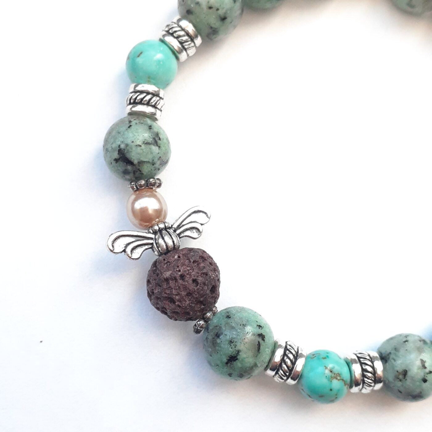 Green spot jasper gemstone beaded Little Lava Angel Stretch Bracelet