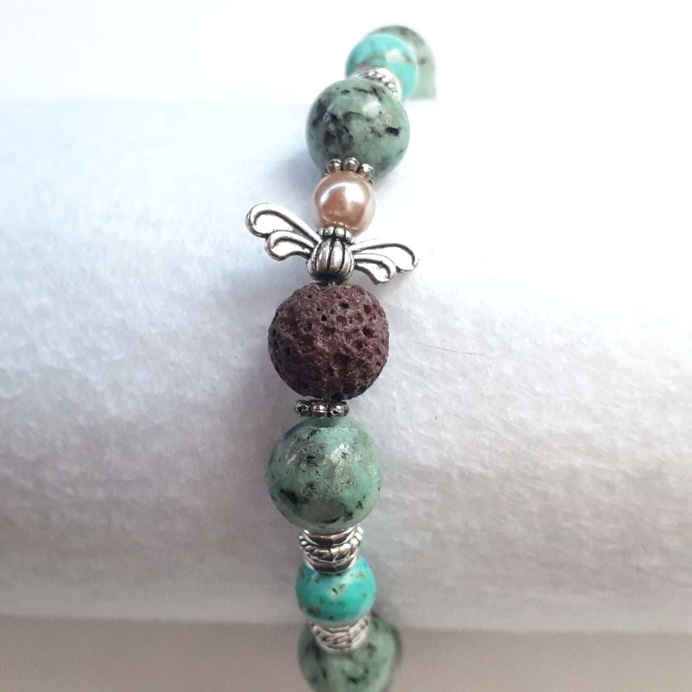 Green spot jasper gemstone beaded Little Lava Angel Stretch Bracelet