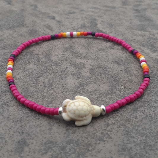 Hot Pink Passion Stretch Colourful Seed Bead Anklet with Seaturtle Stone Charm and Bands of Vibrant Colours