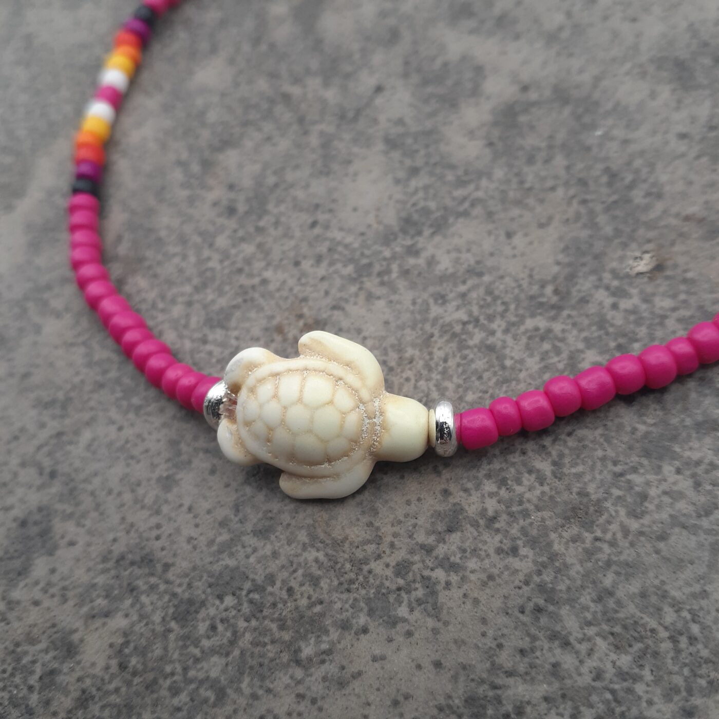 Hot Pink Passion Stretch Colourful Seed Bead Anklet with Seaturtle Stone Charm and Bands of Vibrant Colours