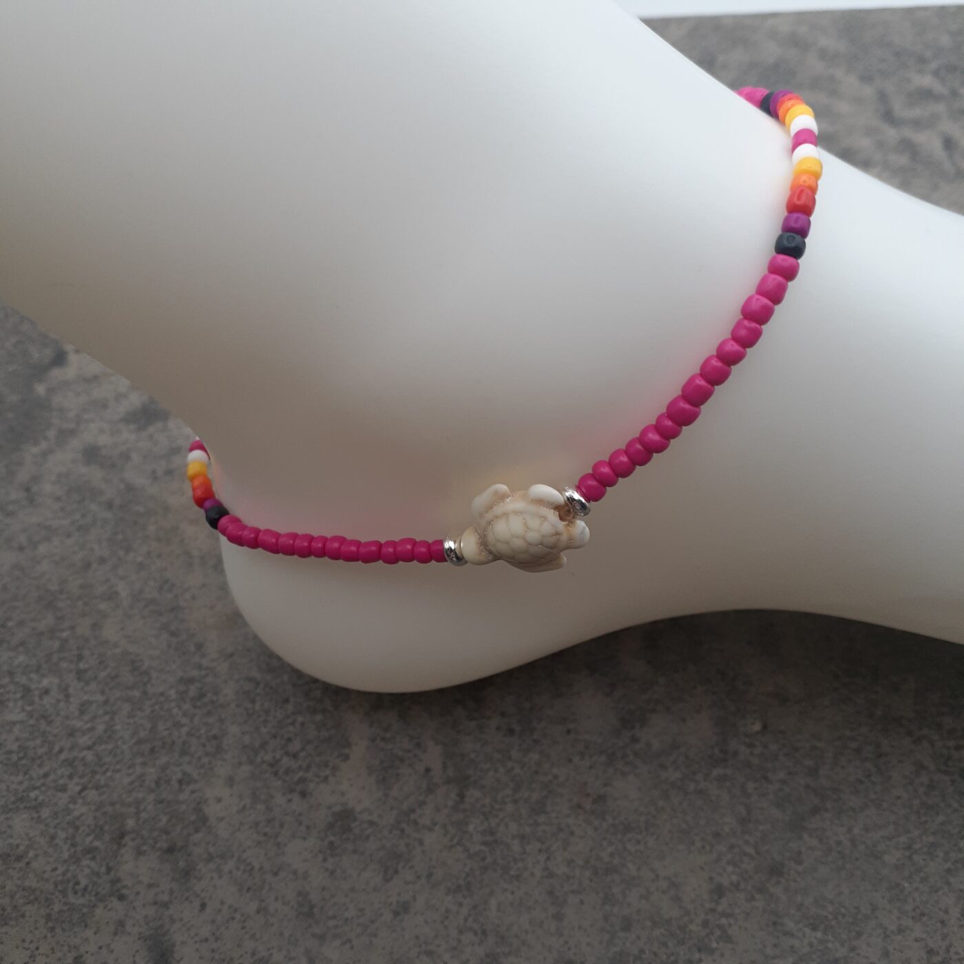 Hot Pink Passion Stretch Colourful Seed Bead Anklet with Seaturtle Stone Charm and Bands of Vibrant Colours