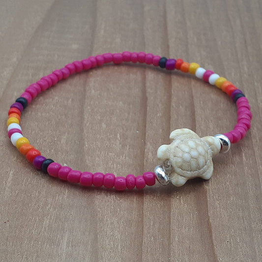 Hot Pink Passion Stretch Colourful Seed Bead Bracelet with Seaturtle Stone Charm and Bands of Vibrant Colours