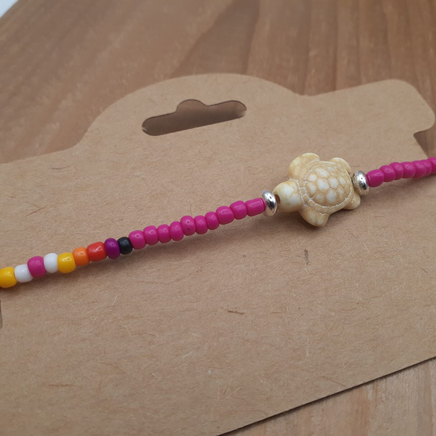 Hot Pink Passion Stretch Colourful Seed Bead Bracelet with Seaturtle Stone Charm and Bands of Vibrant Colours