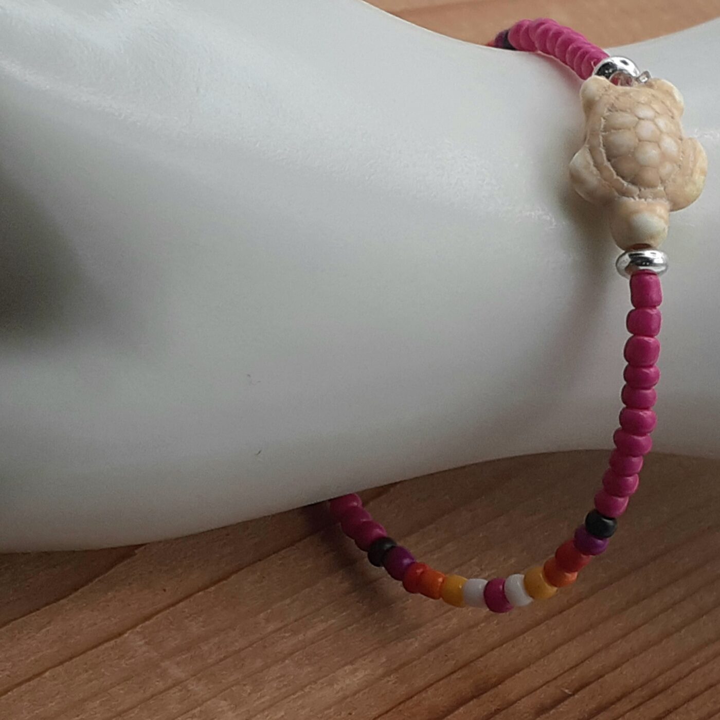 Hot Pink Passion Stretch Colourful Seed Bead Bracelet with Seaturtle Stone Charm and Bands of Vibrant Colours