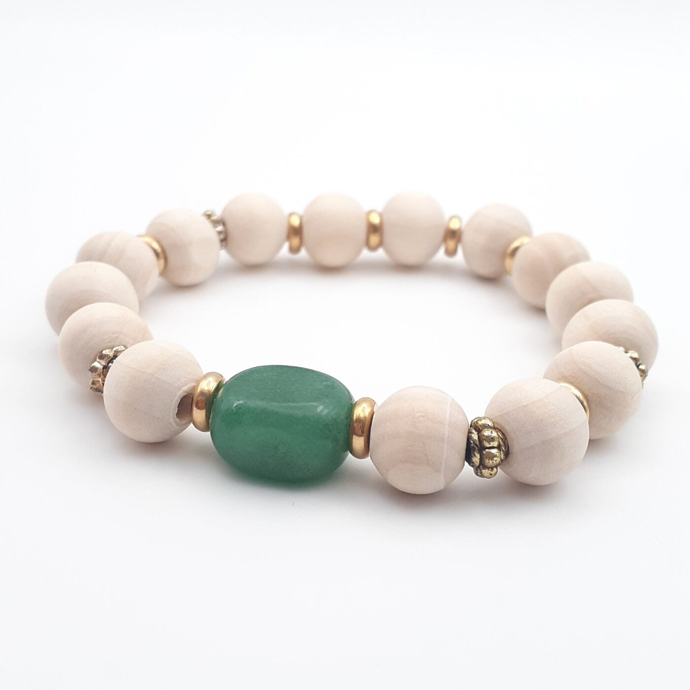 Jade Green Focal Bead Natural Wooden Beaded Stretch Bracelet