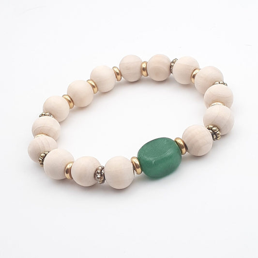 Jade Green Focal Bead Natural Wooden Beaded Stretch Bracelet
