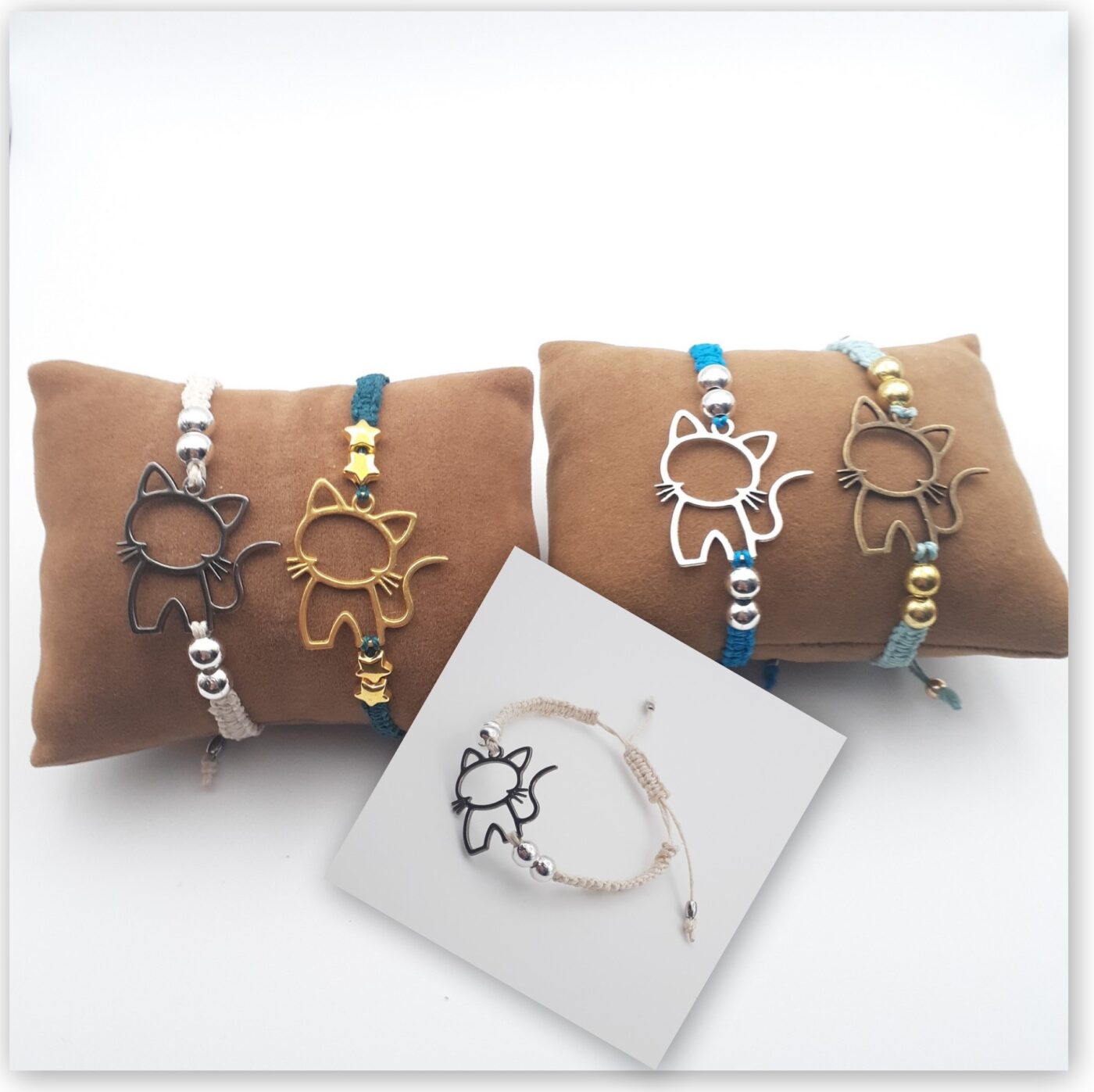 Kitty Cat Thin White Macrame Hemp Adjustable Bracelet