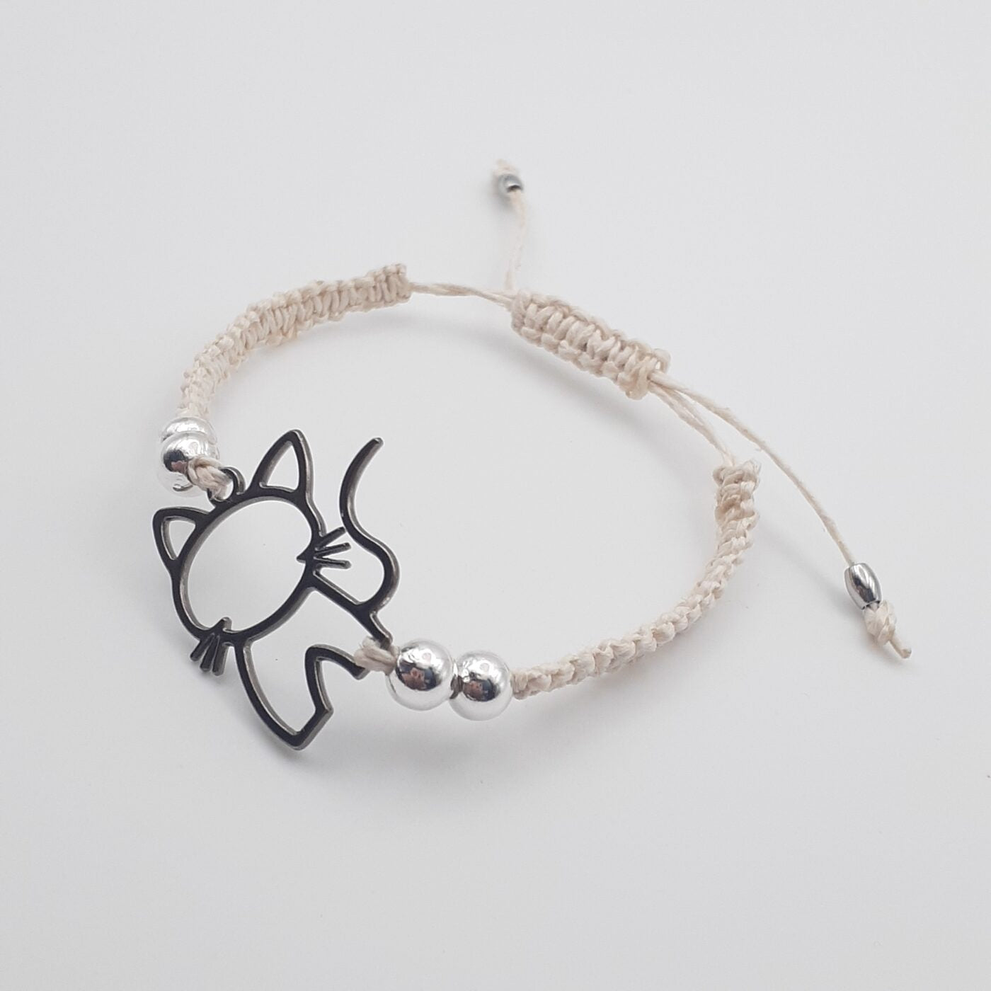 Kitty Cat Thin White Macrame Hemp Adjustable Bracelet