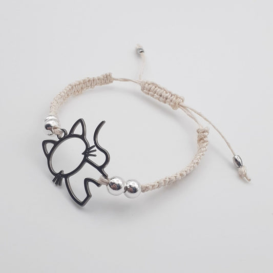 Kitty Cat Thin White Macrame Hemp Adjustable Bracelet