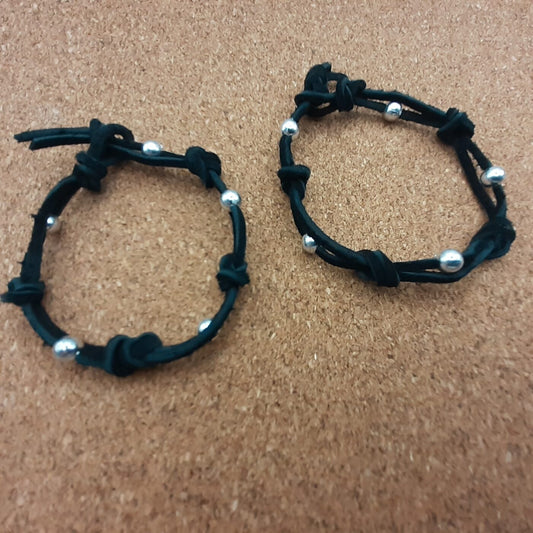 Knotted and Beaded Design on Double Suede Leather Lacing 2 piece Matching Bracelet Set (Black)