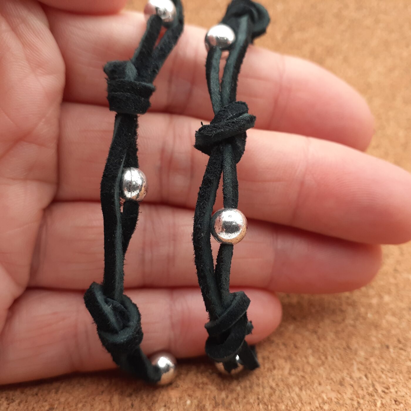 Knotted and Beaded Design on Double Suede Leather Lacing 2 piece Matching Bracelet Set (Black)