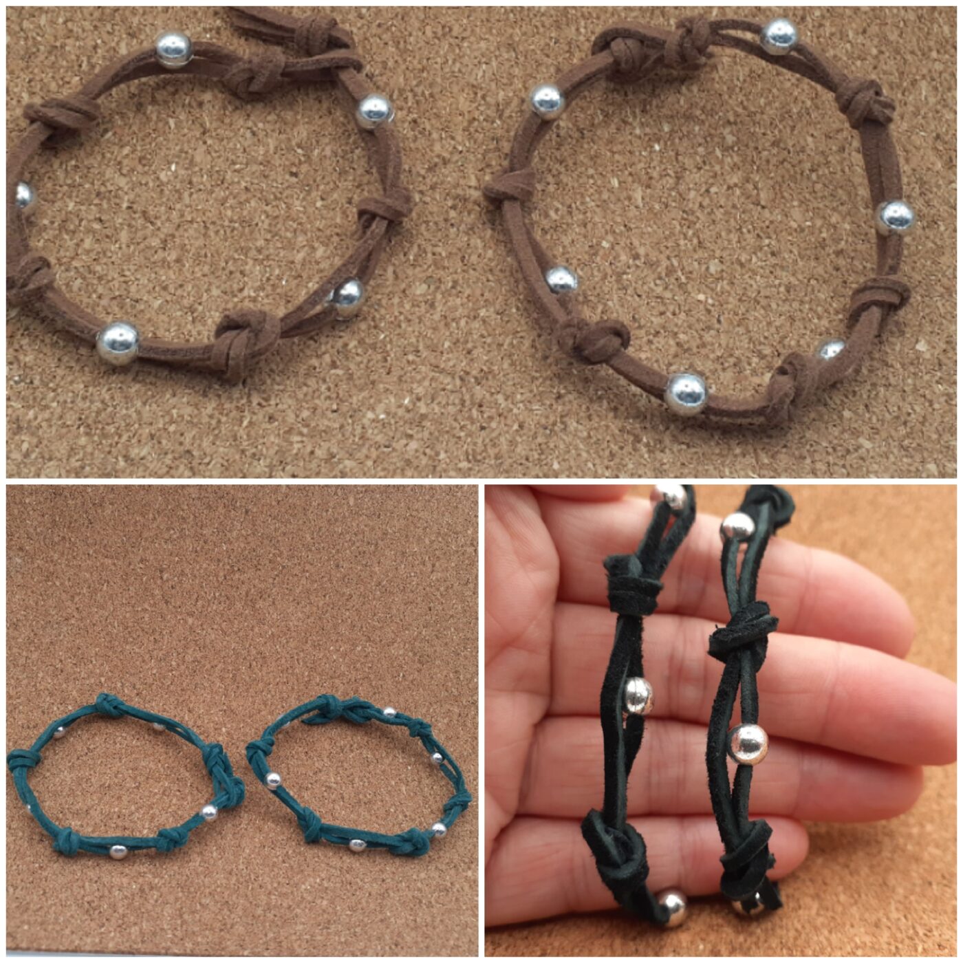 Knotted and Beaded Design on Double Suede Leather Lacing 2 piece Matching Bracelet Set (Black)